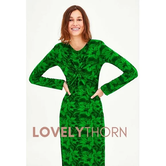 ZARA // kelly green floral printed fitted long sleeve side slit midi dress - Picture 6 of 11